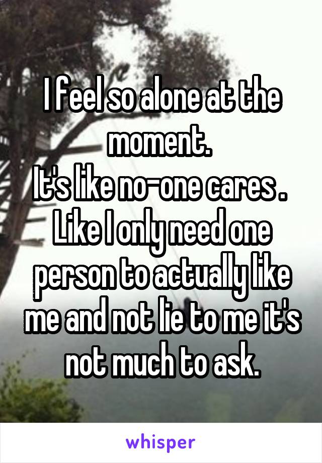 I feel so alone at the moment. 
It's like no-one cares . 
Like I only need one person to actually like me and not lie to me it's not much to ask.