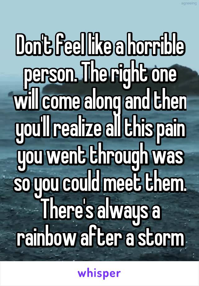 Don't feel like a horrible person. The right one will come along and then you'll realize all this pain you went through was so you could meet them. There's always a rainbow after a storm