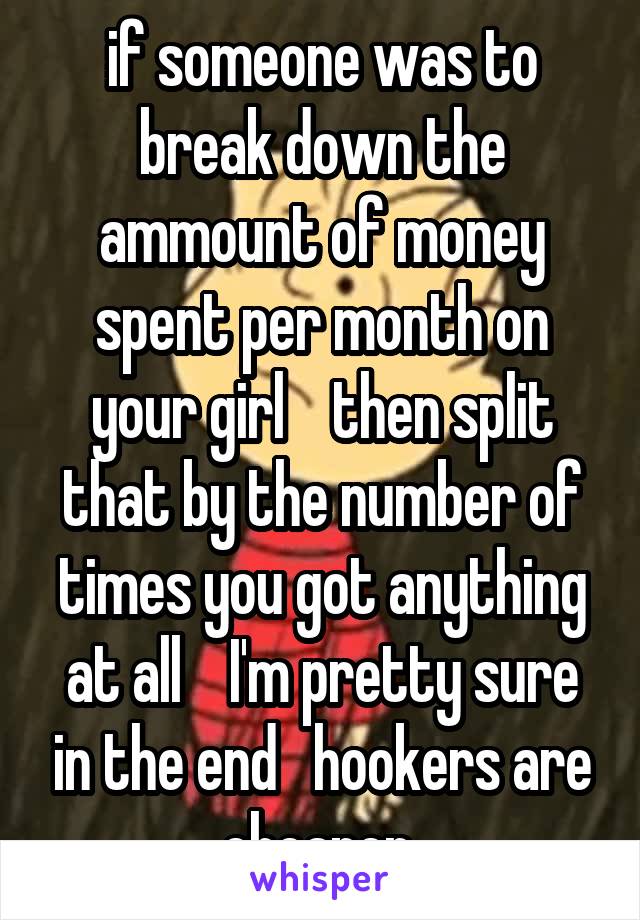 if someone was to break down the ammount of money spent per month on your girl    then split that by the number of times you got anything at all    I'm pretty sure in the end   hookers are cheaper 