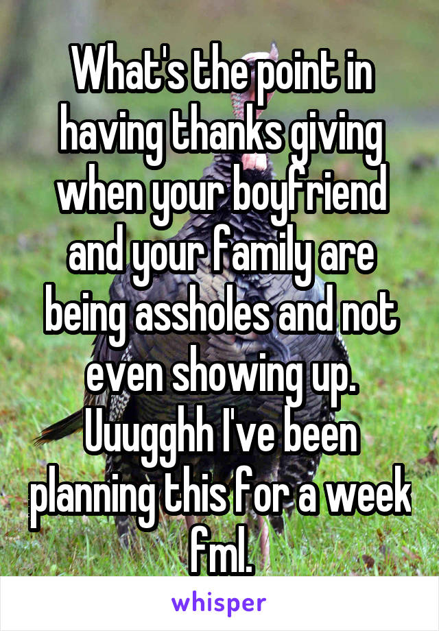What's the point in having thanks giving when your boyfriend and your family are being assholes and not even showing up. Uuugghh I've been planning this for a week fml.