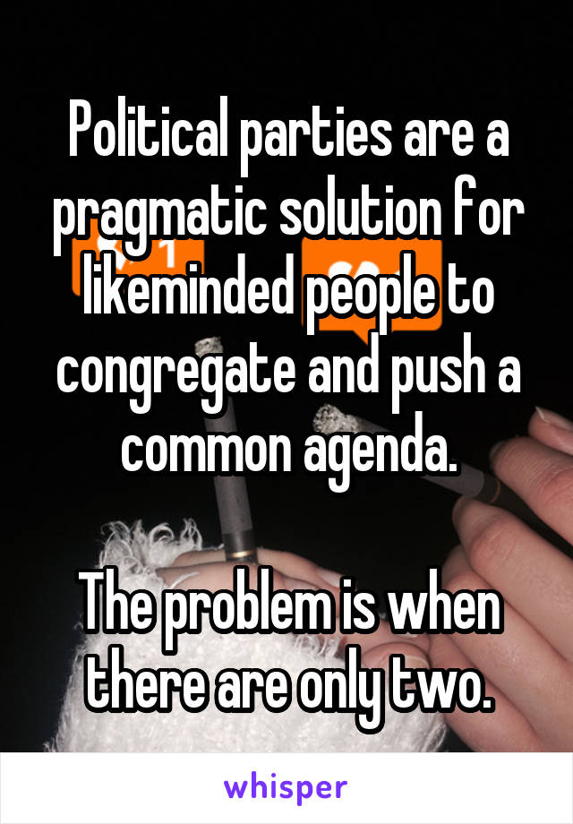 Political parties are a pragmatic solution for likeminded people to congregate and push a common agenda.

The problem is when there are only two.