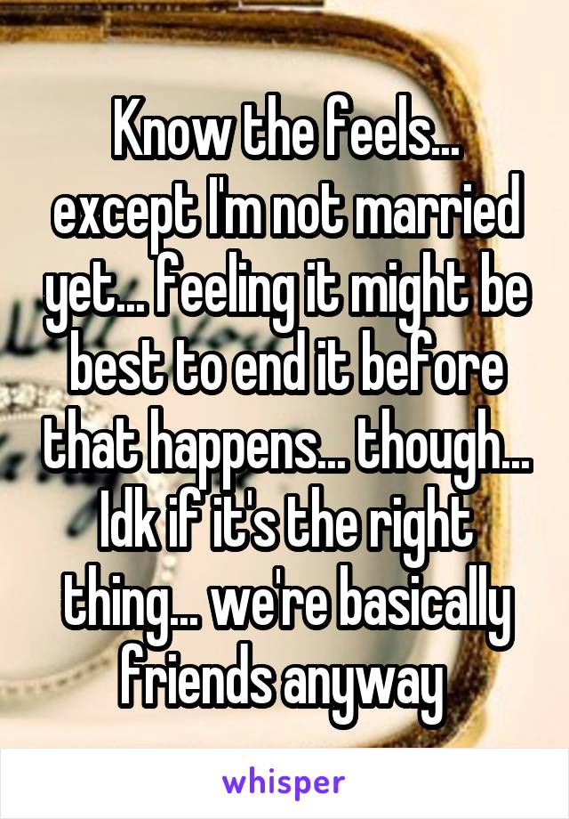 Know the feels... except I'm not married yet... feeling it might be best to end it before that happens... though... Idk if it's the right thing... we're basically friends anyway 