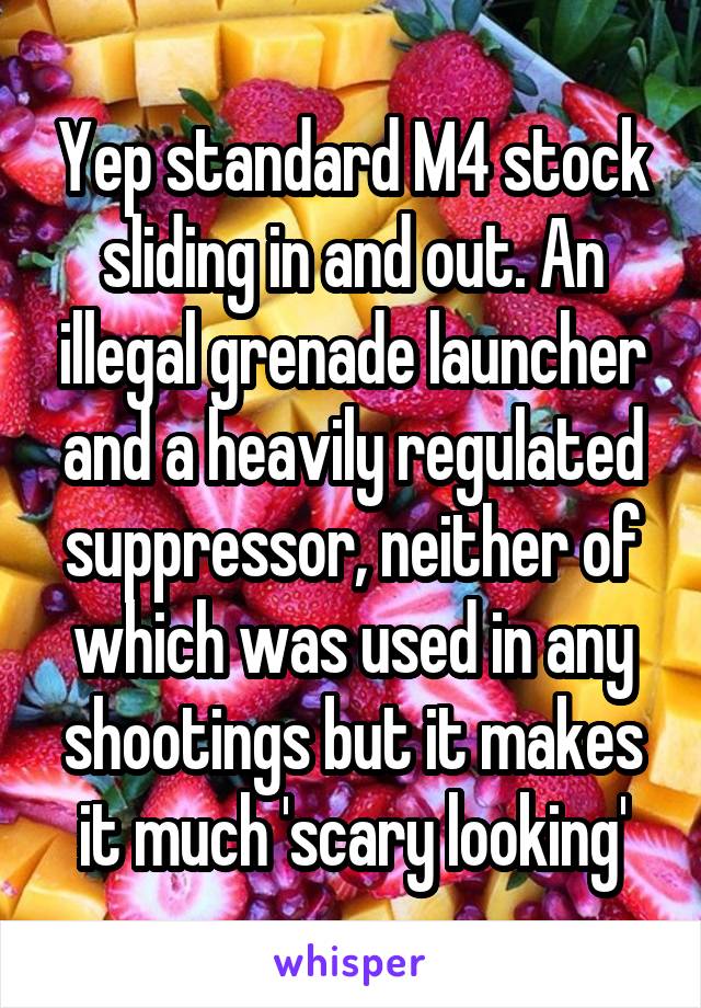 Yep standard M4 stock sliding in and out. An illegal grenade launcher and a heavily regulated suppressor, neither of which was used in any shootings but it makes it much 'scary looking'