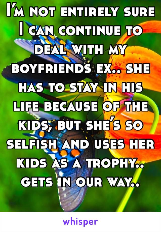 I’m not entirely sure I can continue to deal with my boyfriends ex.. she has to stay in his life because of the kids, but she’s so selfish and uses her kids as a trophy.. gets in our way.. 