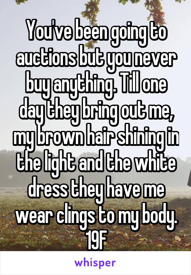 You've been going to auctions but you never buy anything. Till one day they bring out me, my brown hair shining in the light and the white dress they have me wear clings to my body.
19F