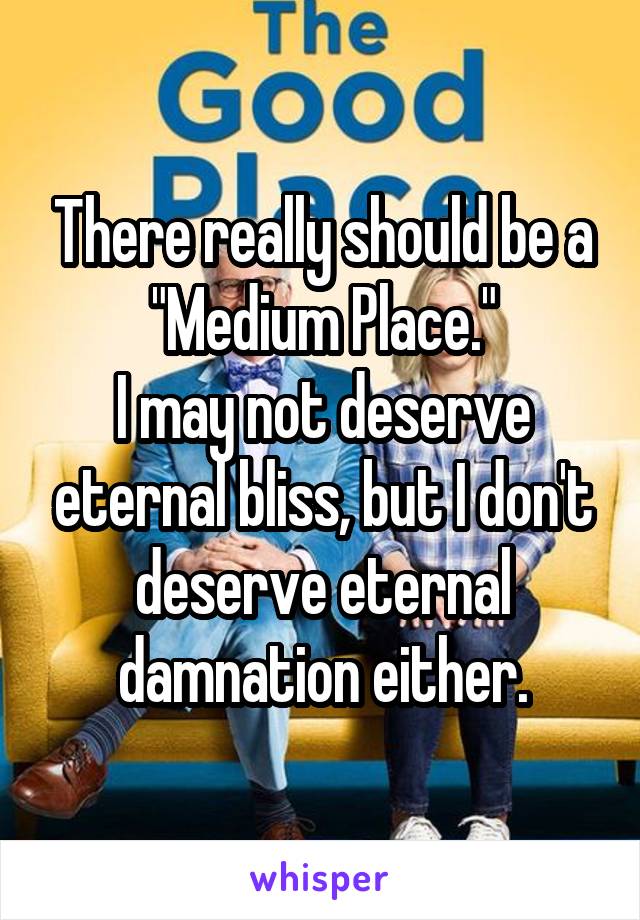 There really should be a "Medium Place."
I may not deserve eternal bliss, but I don't deserve eternal damnation either.