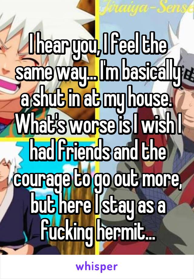 I hear you, I feel the same way... I'm basically a shut in at my house.  What's worse is I wish I had friends and the courage to go out more, but here I stay as a fucking hermit...