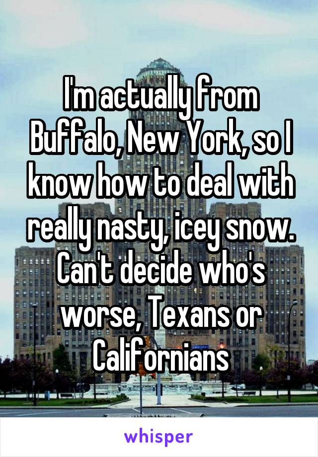 I'm actually from Buffalo, New York, so I know how to deal with really nasty, icey snow. Can't decide who's worse, Texans or Californians