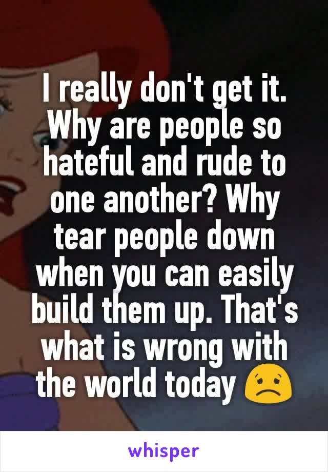 I really don't get it. Why are people so hateful and rude to one another? Why tear people down when you can easily build them up. That's what is wrong with the world today 😟