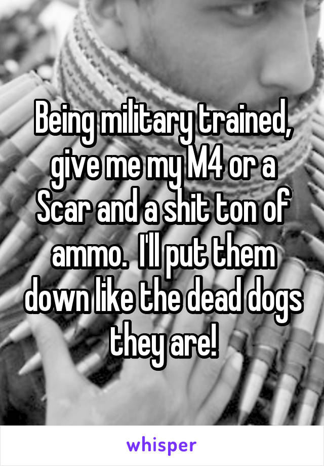 Being military trained, give me my M4 or a Scar and a shit ton of ammo.  I'll put them down like the dead dogs they are!