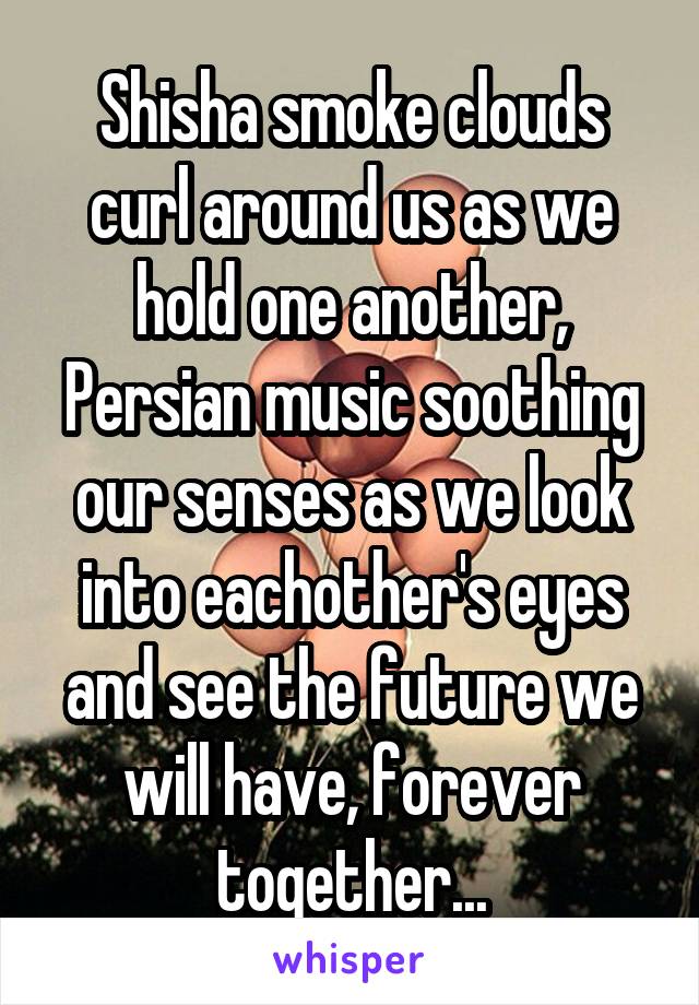 Shisha smoke clouds curl around us as we hold one another, Persian music soothing our senses as we look into eachother's eyes and see the future we will have, forever together...