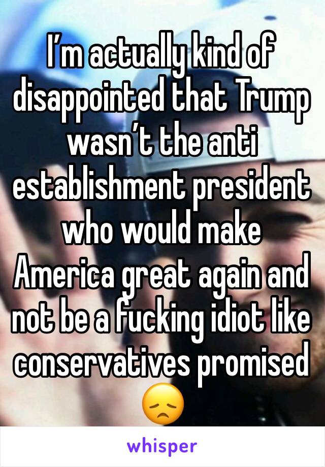 I’m actually kind of disappointed that Trump wasn’t the anti establishment president who would make America great again and not be a fucking idiot like conservatives promised 😞