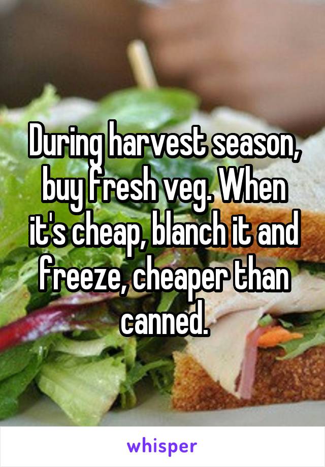 During harvest season, buy fresh veg. When it's cheap, blanch it and freeze, cheaper than canned.