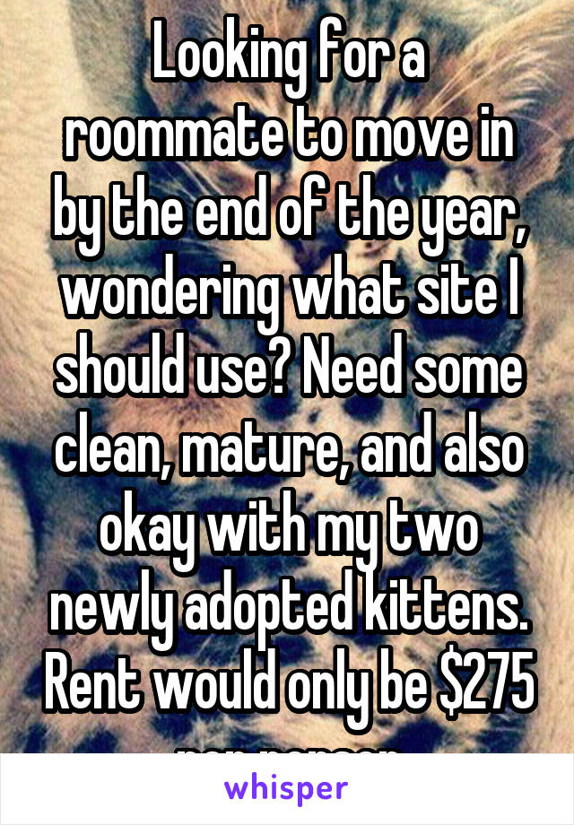 Looking for a roommate to move in by the end of the year, wondering what site I should use? Need some clean, mature, and also okay with my two newly adopted kittens. Rent would only be $275 per person