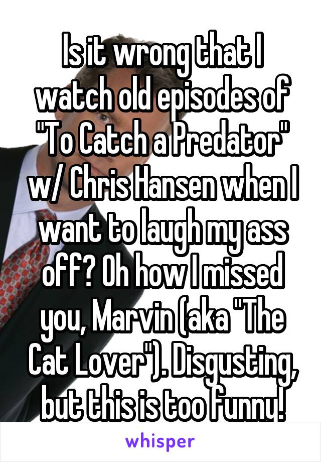 Is it wrong that I watch old episodes of "To Catch a Predator" w/ Chris Hansen when I want to laugh my ass off? Oh how I missed you, Marvin (aka "The Cat Lover"). Disgusting, but this is too funny!