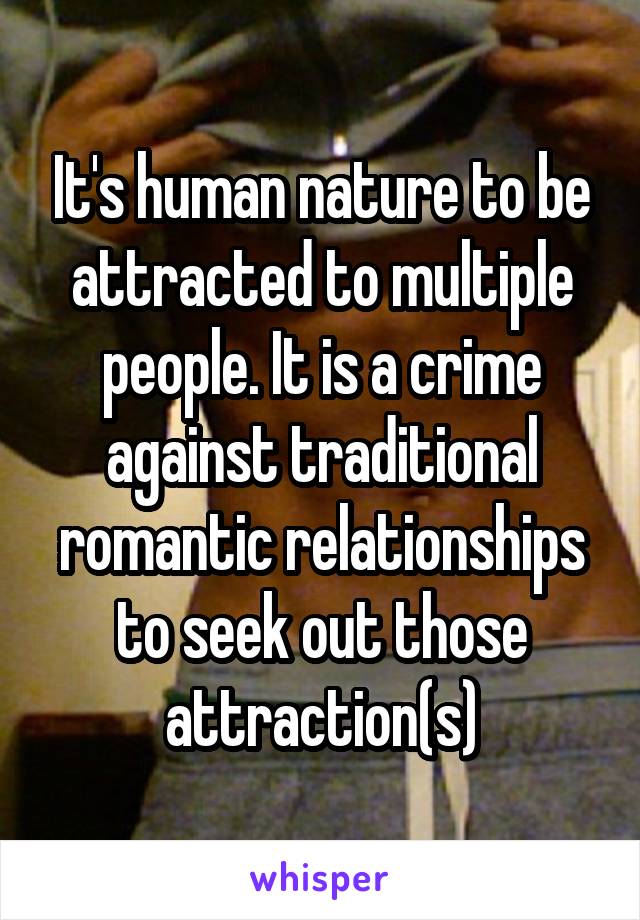 It's human nature to be attracted to multiple people. It is a crime against traditional romantic relationships to seek out those attraction(s)