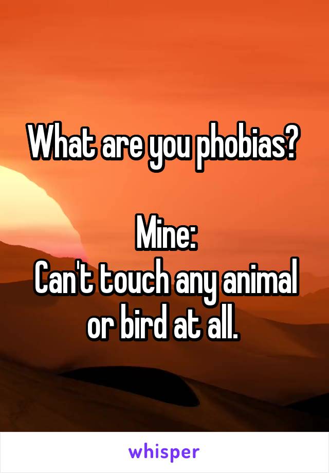 What are you phobias? 

Mine:
Can't touch any animal or bird at all. 