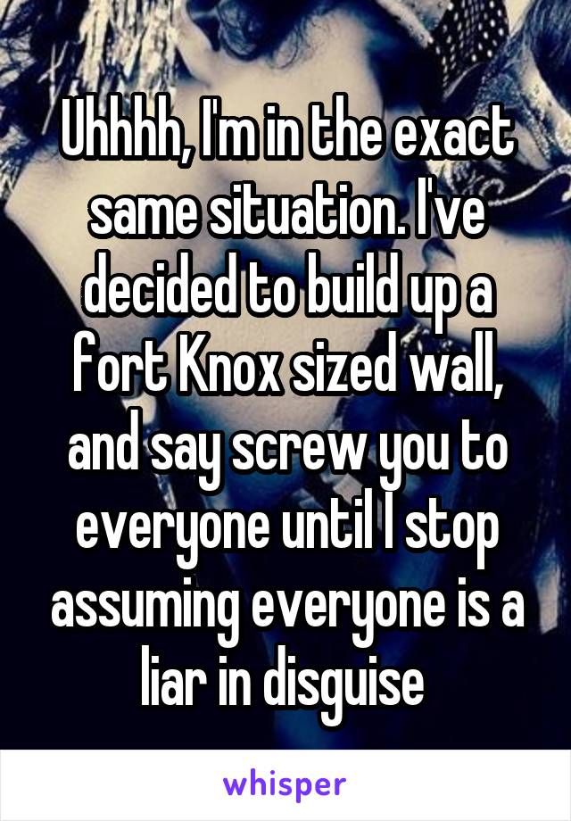 Uhhhh, I'm in the exact same situation. I've decided to build up a fort Knox sized wall, and say screw you to everyone until I stop assuming everyone is a liar in disguise 