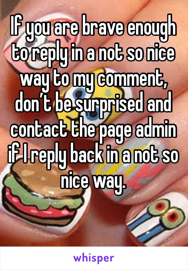 If you are brave enough to reply in a not so nice way to my comment, don’t be surprised and contact the page admin if I reply back in a not so nice way.