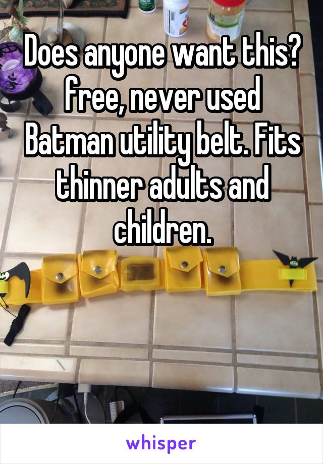 Does anyone want this? free, never used Batman utility belt. Fits thinner adults and children.



