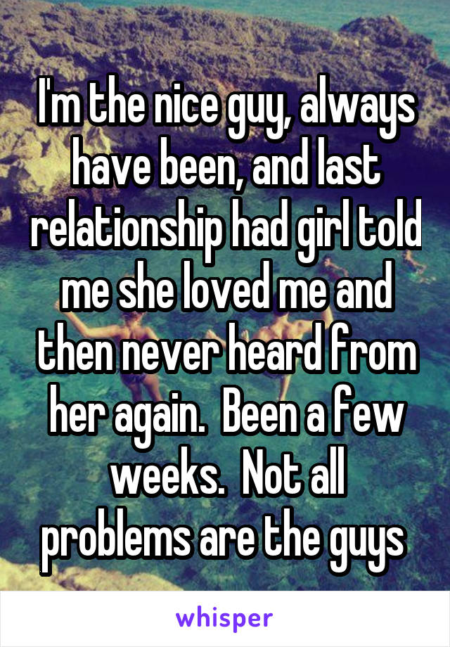 I'm the nice guy, always have been, and last relationship had girl told me she loved me and then never heard from her again.  Been a few weeks.  Not all problems are the guys 