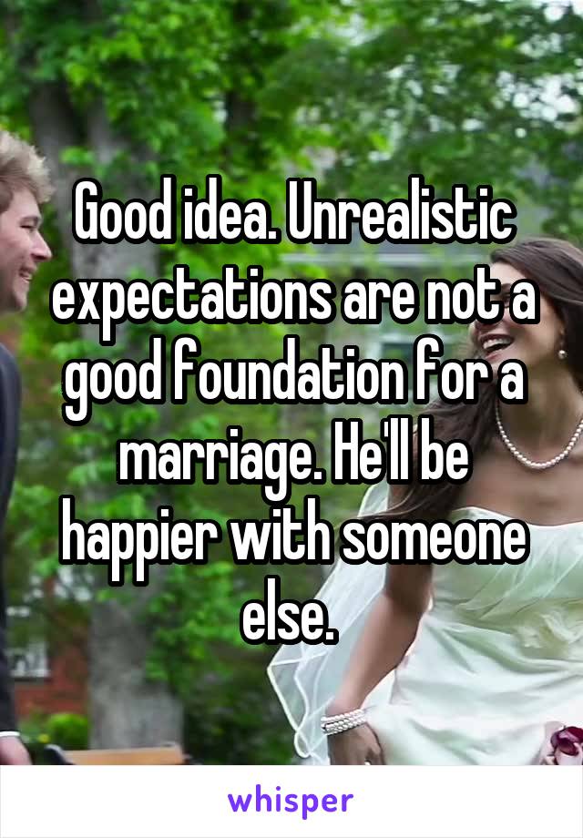 Good idea. Unrealistic expectations are not a good foundation for a marriage. He'll be happier with someone else. 
