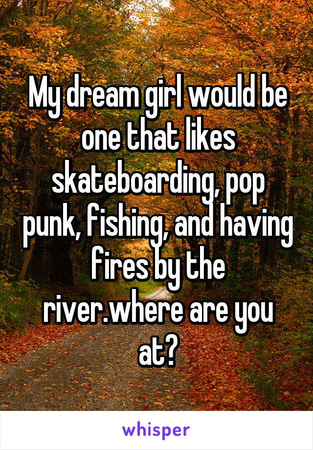 My dream girl would be one that likes skateboarding, pop punk, fishing, and having fires by the river.where are you at?