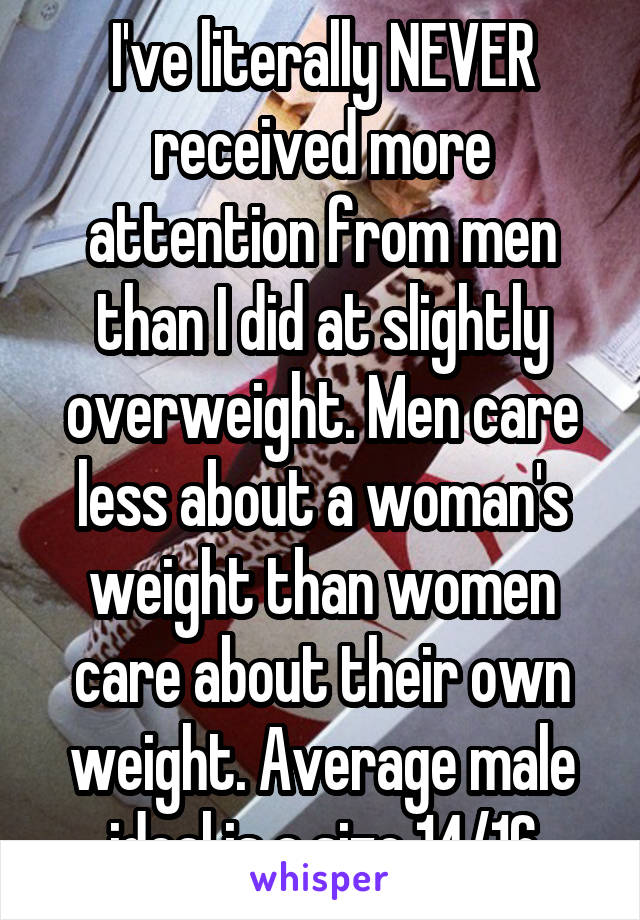 I've literally NEVER received more attention from men than I did at slightly overweight. Men care less about a woman's weight than women care about their own weight. Average male ideal is a size 14/16