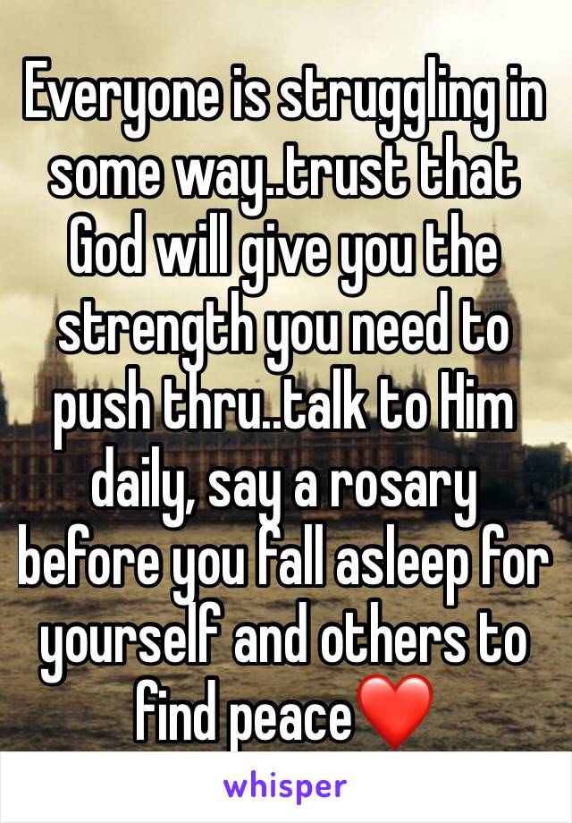 Everyone is struggling in some way..trust that God will give you the strength you need to push thru..talk to Him daily, say a rosary before you fall asleep for yourself and others to find peace❤️