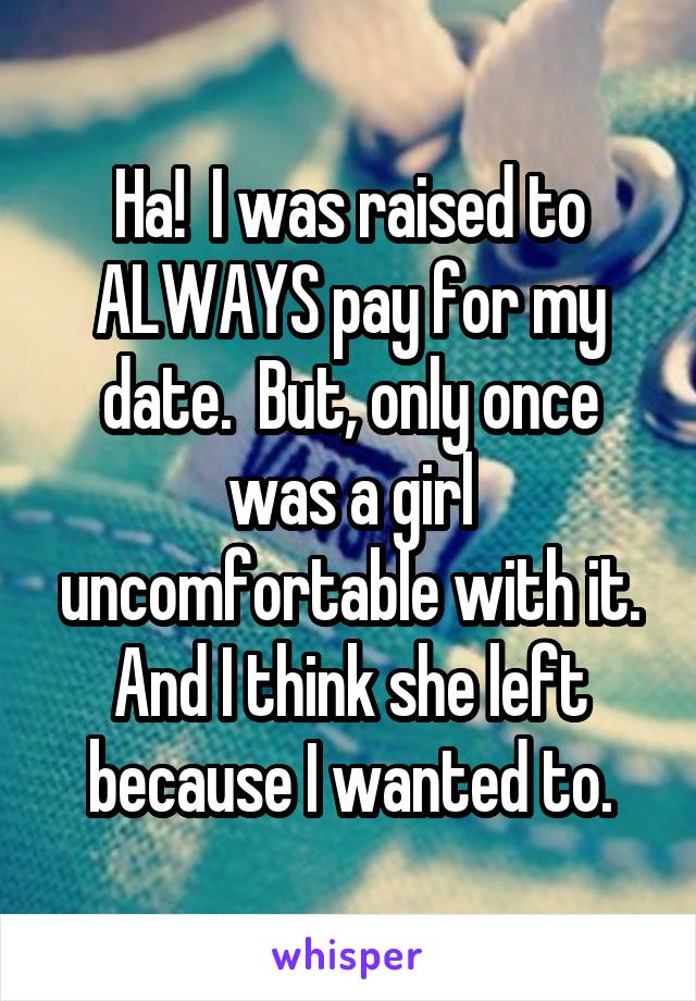 Ha!  I was raised to ALWAYS pay for my date.  But, only once was a girl uncomfortable with it. And I think she left because I wanted to.