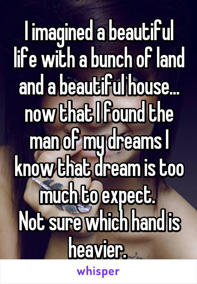 I imagined a beautiful life with a bunch of land and a beautiful house... now that I found the man of my dreams I know that dream is too much to expect. 
Not sure which hand is heavier. 