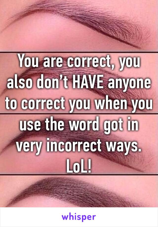 You are correct, you also don’t HAVE anyone to correct you when you use the word got in very incorrect ways. LoL! 