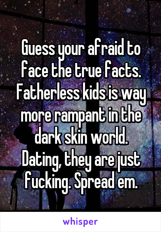 Guess your afraid to face the true facts. Fatherless kids is way more rampant in the dark skin world.
Dating, they are just fucking. Spread em.