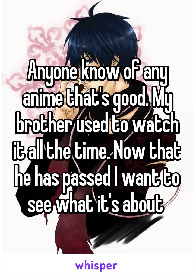 Anyone know of any anime that's good. My brother used to watch it all the time. Now that he has passed I want to see what it's about 