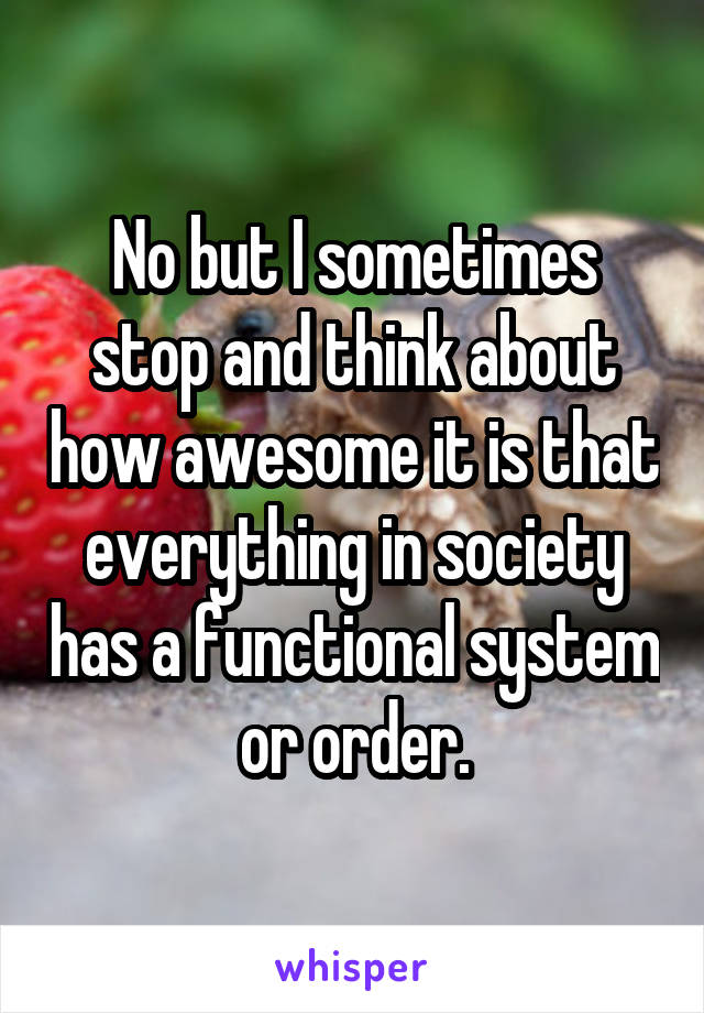No but I sometimes stop and think about how awesome it is that everything in society has a functional system or order.