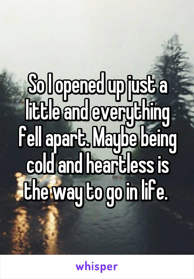 So I opened up just a little and everything fell apart. Maybe being cold and heartless is the way to go in life. 
