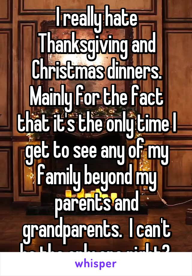 I really hate Thanksgiving and Christmas dinners. Mainly for the fact that it's the only time I get to see any of my family beyond my parents and grandparents.  I can't be the only one right? 