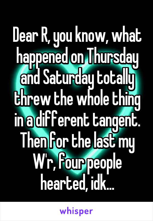 Dear R, you know, what happened on Thursday and Saturday totally threw the whole thing in a different tangent. Then for the last my W'r, four people hearted, idk...