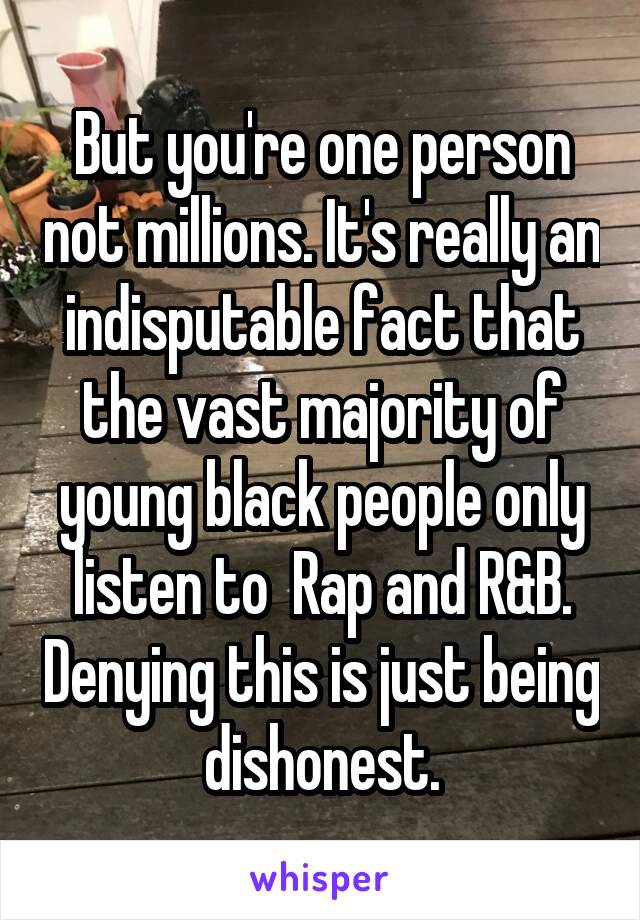 But you're one person not millions. It's really an indisputable fact that the vast majority of young black people only listen to  Rap and R&B. Denying this is just being dishonest.