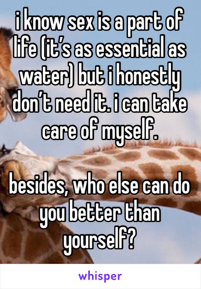 i know sex is a part of life (it’s as essential as water) but i honestly don’t need it. i can take care of myself.

besides, who else can do you better than yourself?
