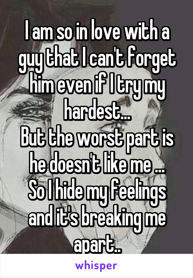 I am so in love with a guy that I can't forget him even if I try my hardest...
But the worst part is he doesn't like me ...
So I hide my feelings and it's breaking me apart..