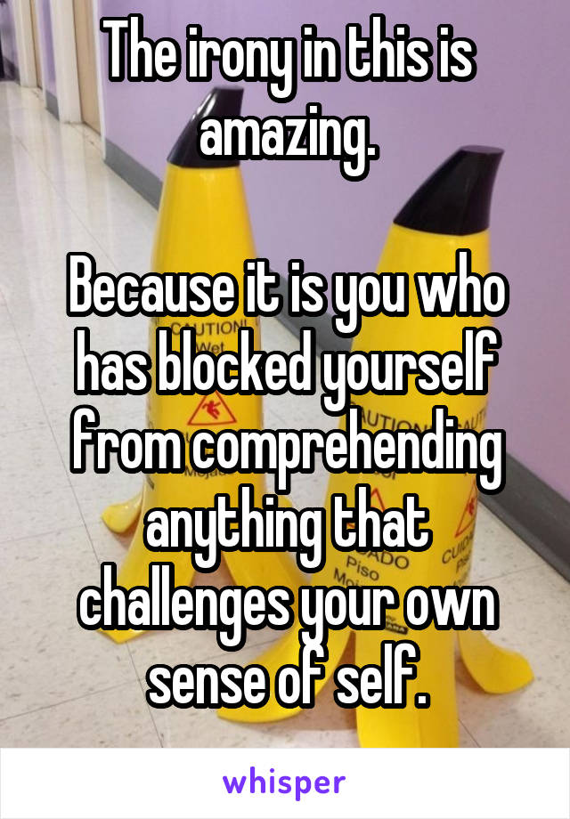 The irony in this is amazing.

Because it is you who has blocked yourself from comprehending anything that challenges your own sense of self.
