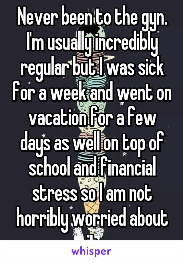 Never been to the gyn. I'm usually incredibly regular but I was sick for a week and went on vacation for a few days as well on top of school and financial stress so I am not horribly worried about it