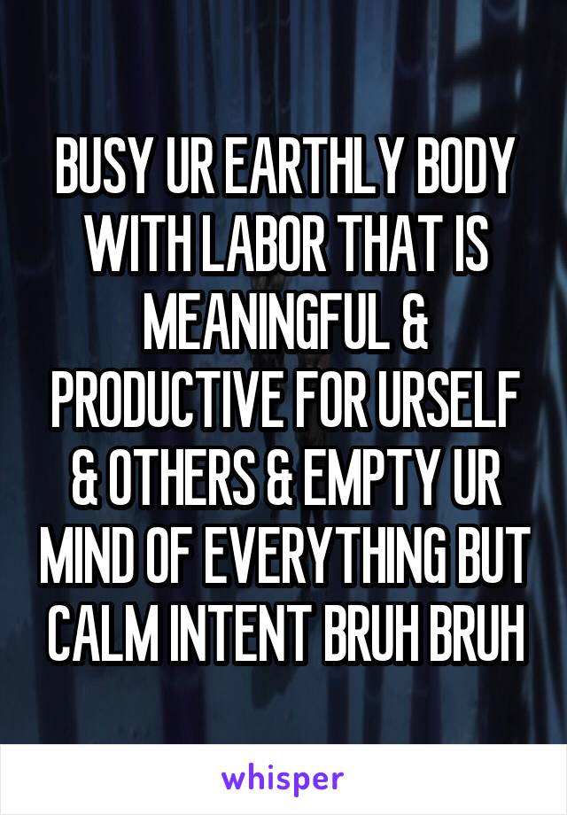 BUSY UR EARTHLY BODY WITH LABOR THAT IS MEANINGFUL & PRODUCTIVE FOR URSELF & OTHERS & EMPTY UR MIND OF EVERYTHING BUT CALM INTENT BRUH BRUH