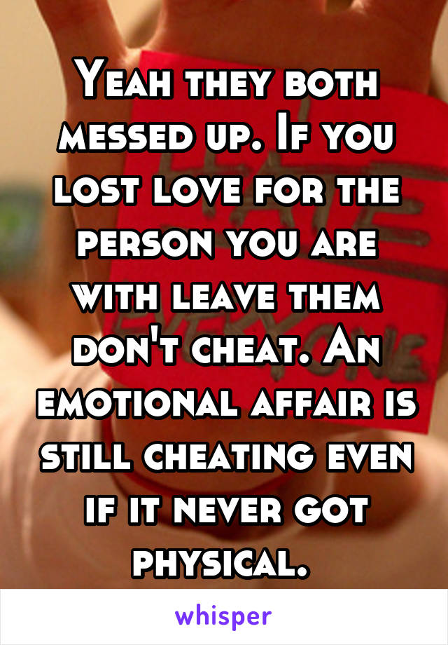 Yeah they both messed up. If you lost love for the person you are with leave them don't cheat. An emotional affair is still cheating even if it never got physical. 