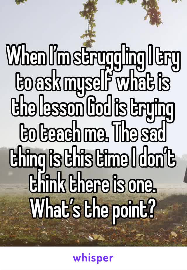 When I’m struggling I try to ask myself what is the lesson God is trying to teach me. The sad thing is this time I don’t think there is one. What’s the point?