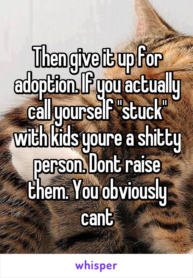 Then give it up for adoption. If you actually call yourself "stuck" with kids youre a shitty person. Dont raise them. You obviously cant