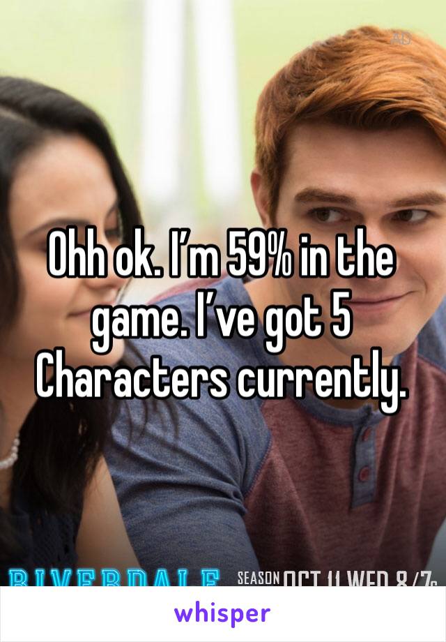 Ohh ok. I’m 59% in the game. I’ve got 5 Characters currently. 