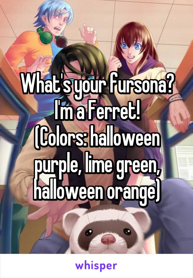 What's your fursona?
I'm a Ferret!
(Colors: halloween purple, lime green, halloween orange)