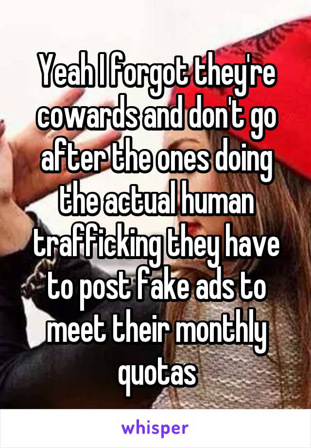 Yeah I forgot they're cowards and don't go after the ones doing the actual human trafficking they have to post fake ads to meet their monthly quotas